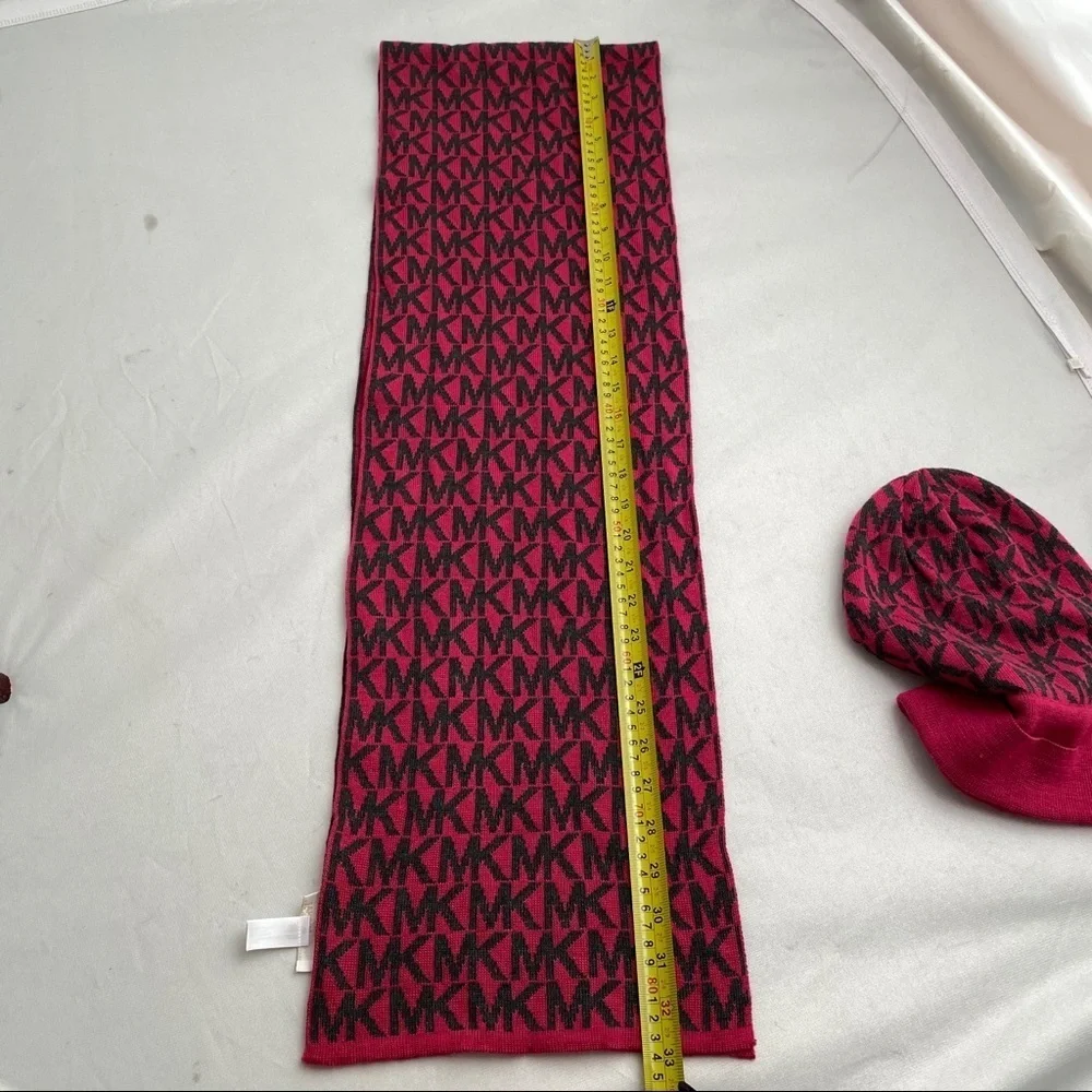 MICHAEL Michael Kors magenta black logo acrylic knit beanie hat and scarf set